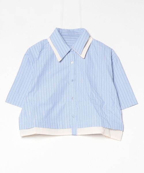 SIBLING/半袖シャツ/--/コットン/BLU/ストライプ セール】ストライプ配色&ダブル襟半袖シャツ（シャツ/ブラウス