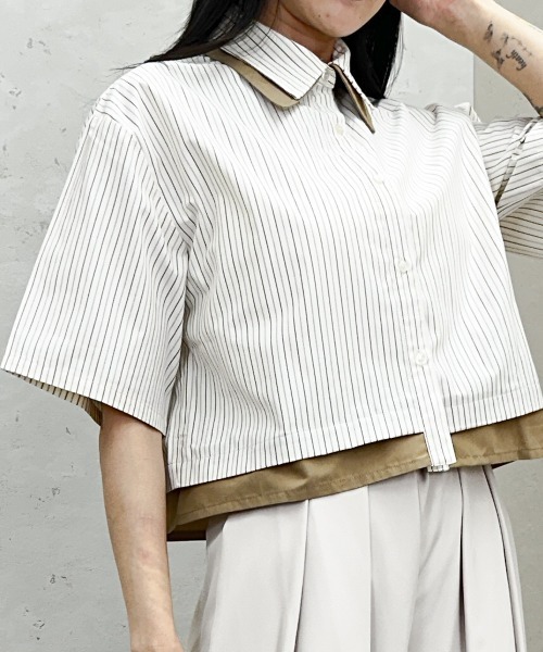 Per sist ence(パーシエンス)の「ストライプ配色ダブル襟クロップドシャツ / 半袖シャツ(シャツ/ブラウス・レディース・オフホワイト/ブルー/ベージュ・ONE SIZE)」の1枚目の写真
