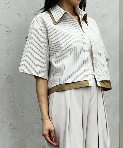 Per sist ence(パーシエンス)の「ストライプ配色ダブル襟クロップドシャツ / 半袖シャツ(シャツ/ブラウス・レディース・オフホワイト/ブルー/ベージュ・ONE SIZE)」の9枚目の写真