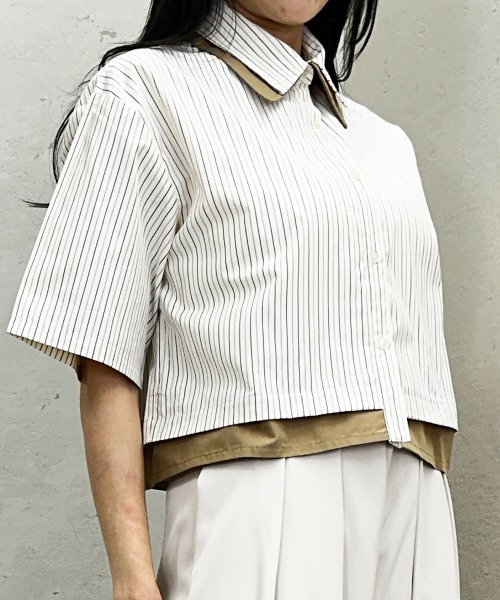 Per sist ence(パーシエンス)の「ストライプ配色ダブル襟クロップドシャツ / 半袖シャツ(シャツ/ブラウス・レディース・オフホワイト/ブルー/ベージュ・ONE SIZE)」の7枚目の写真