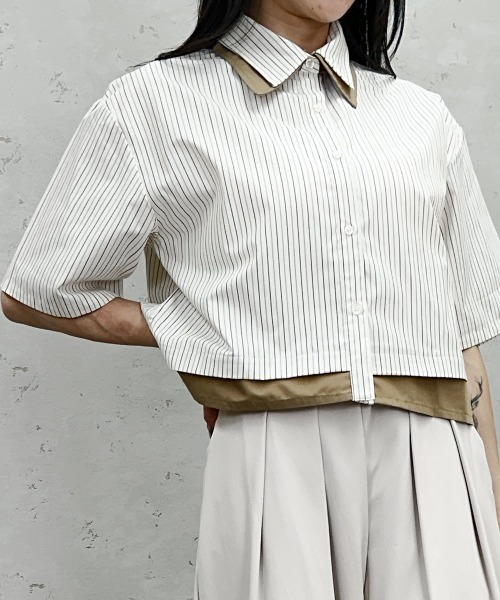 Per sist ence(パーシエンス)の「ストライプ配色ダブル襟クロップドシャツ / 半袖シャツ(シャツ/ブラウス・レディース・オフホワイト/ブルー/ベージュ・ONE SIZE)」の6枚目の写真