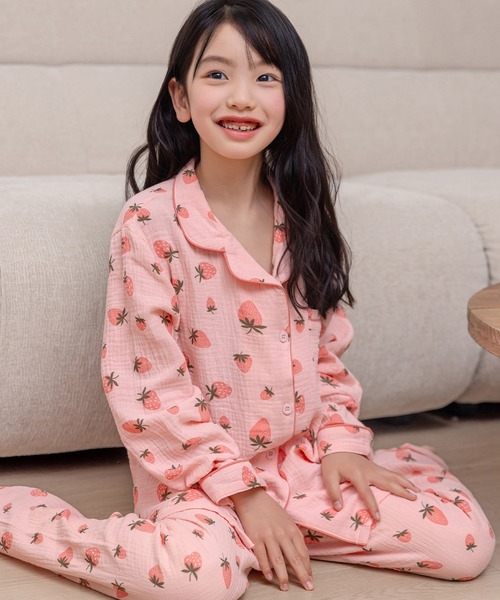 セール】キッズ 長袖ダブルガーゼ仕立てのパイピング総柄ルーム