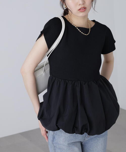 マチャット　べプラむ半袖ニット　ブラック セール】［MFM］ペプラムバルーン半袖ニット（ニット/セーター