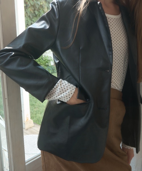Birthday room（バースデイルーム）の「フェイクレザーテーラードジャケット/faux leather tailored jacket（テーラードジャケット・レディース・ブラック・FREE）」の3枚目の写真