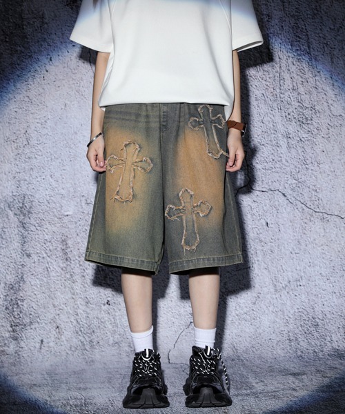 セール】EFFECTION // vintage wash cross patch wide denim easy half