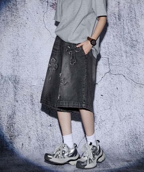 セール】EFFECTION // vintage wash cross patch wide denim
