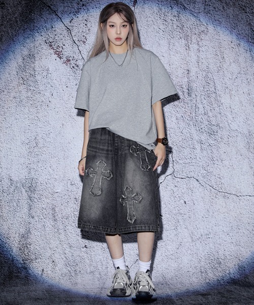 セール】EFFECTION // vintage wash cross patch wide denim