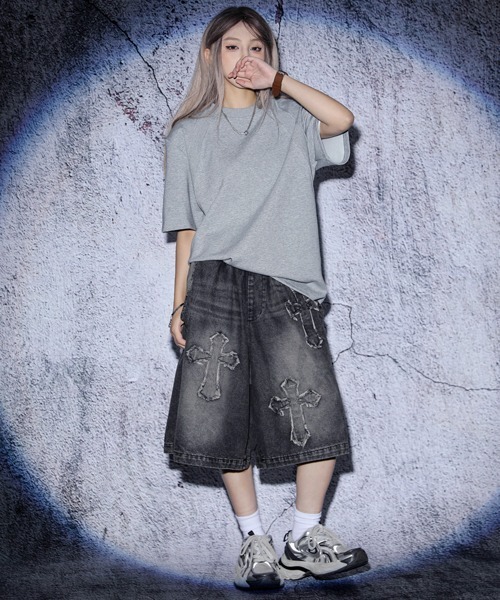 セール】EFFECTION // vintage wash cross patch wide denim