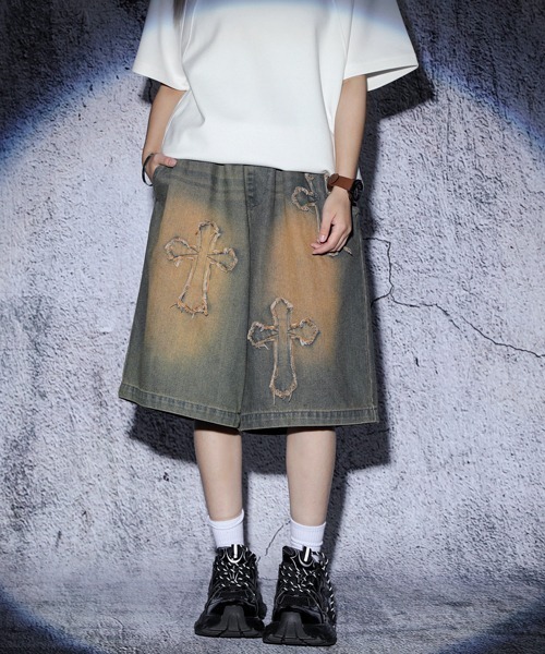 セール】EFFECTION // vintage wash cross patch wide denim