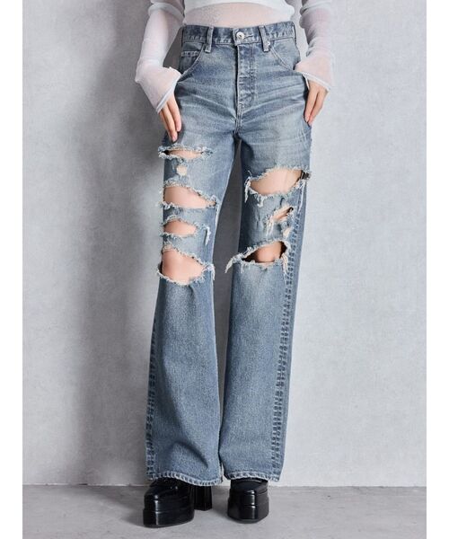 GYDA（ジェイダ）の「ハイウエスト tear up damageストレートワイドデニムパンツ（デニムパンツ・レディース・ブラック/ブルー・SMALL/MEDIUM）」の2枚目の写真
