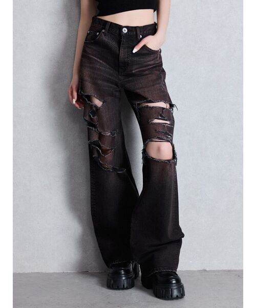 GYDA(ジェイダ)の「ハイウエスト tear up damageストレートワイドデニムパンツ(デニムパンツ・レディース・ブルー/ブラック・SMALL/MEDIUM)」の3枚目の写真