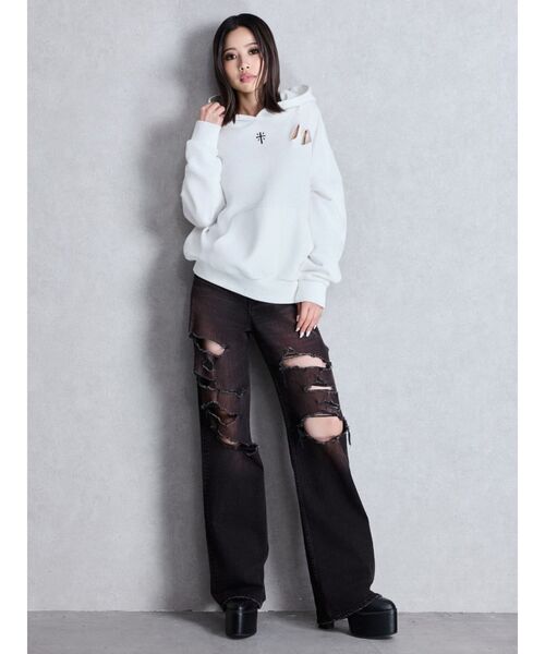 GYDA（ジェイダ）の「ハイウエスト tear up damageストレートワイドデニムパンツ（デニムパンツ・レディース・ブラック/ブルー・SMALL/MEDIUM）」の4枚目の写真