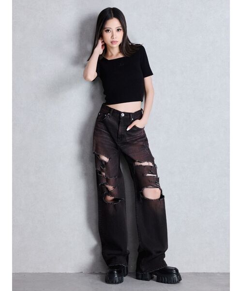 GYDA（ジェイダ）の「ハイウエスト tear up damageストレートワイドデニムパンツ（デニムパンツ・レディース・ブラック/ブルー・SMALL/MEDIUM）」の6枚目の写真