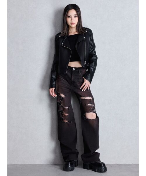 GYDA（ジェイダ）の「ハイウエスト tear up damageストレートワイドデニムパンツ（デニムパンツ・レディース・ブラック/ブルー・SMALL/MEDIUM）」の8枚目の写真