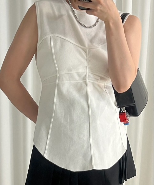 Ameri(A)CORSET DETAIL ROUND KNIT TOP(^Ngbv)