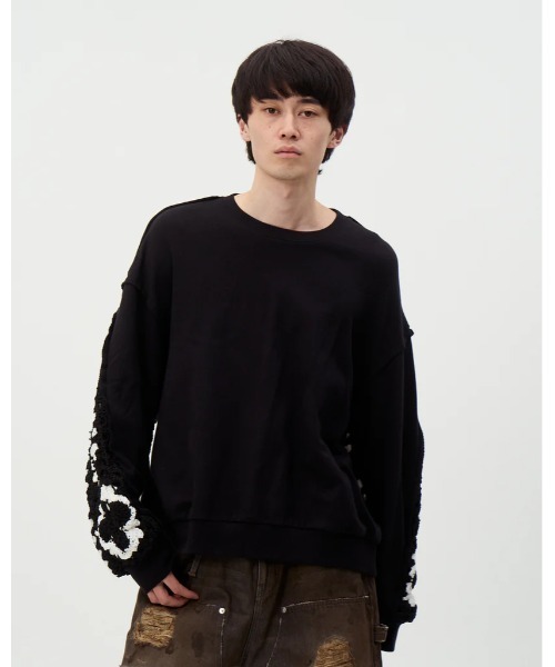 DISCOVERED ブラック レースアップスウェット DISCOVERED PLAYCARD CROCHET SLEEVE SWEAT（スウェット）｜DISCOVERED