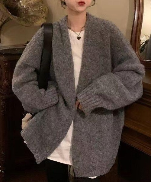 cammie(キャミー)の「ルーズニットカーディガン(カーディガン/ボレロ・レディース・ベージュ/グレー/ライトグレー/ピンク/オートミール/ブラック・FREE)」の4枚目の写真