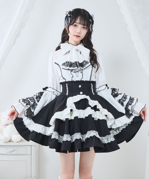 DearMyLove（ディアマイラブ）の「カシュクールフリルたっぷりリボンミニスカート（スカート・レディース・ブラック×ピンク/ベビーピンク/ブルーグレー/ブラック×ホワイト・MEDIUM/SMALL/3L/LL/LARGE）」の2枚目の写真