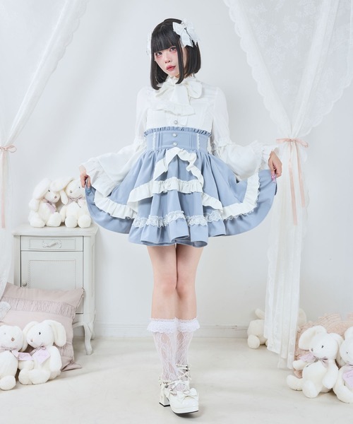 DearMyLove（ディアマイラブ）の「カシュクールフリルたっぷりリボンミニスカート（スカート・レディース・ブラック×ピンク/ベビーピンク/ブルーグレー/ブラック×ホワイト・MEDIUM/SMALL/3L/LL/LARGE）」の4枚目の写真