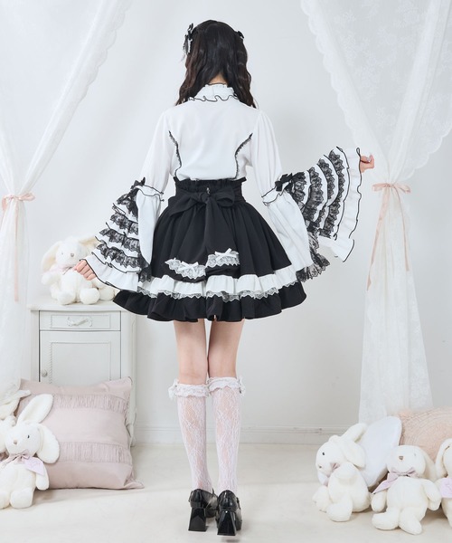 DearMyLove（ディアマイラブ）の「カシュクールフリルたっぷりリボンミニスカート（スカート・レディース・ブラック×ピンク/ベビーピンク/ブルーグレー/ブラック×ホワイト・MEDIUM/SMALL/3L/LL/LARGE）」の7枚目の写真