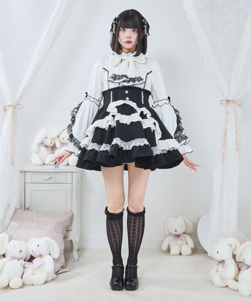 DearMyLove（ディアマイラブ）の「カシュクールフリルたっぷりリボンミニスカート（スカート・レディース・ブラック×ピンク/ベビーピンク/ブルーグレー/ブラック×ホワイト・MEDIUM/SMALL/3L/LL/LARGE）」の8枚目の写真
