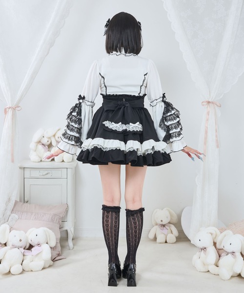 DearMyLove（ディアマイラブ）の「カシュクールフリルたっぷりリボンミニスカート（スカート・レディース・ブラック×ピンク/ベビーピンク/ブルーグレー/ブラック×ホワイト・MEDIUM/SMALL/3L/LL/LARGE）」の9枚目の写真