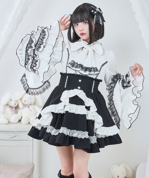 DearMyLove（ディアマイラブ）の「カシュクールフリルたっぷりリボンミニスカート（スカート・レディース・ブラック×ピンク/ベビーピンク/ブルーグレー/ブラック×ホワイト・MEDIUM/SMALL/3L/LL/LARGE）」の10枚目の写真