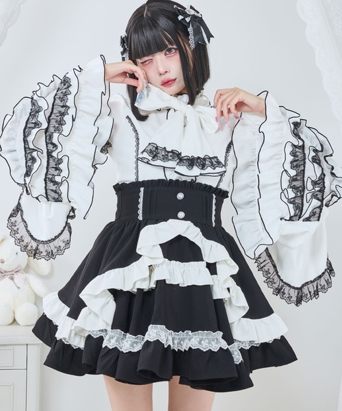 DearMyLove（ディアマイラブ）の「カシュクールフリルたっぷりリボンミニスカート（スカート・レディース・ブラック×ピンク/ベビーピンク/ブルーグレー/ブラック×ホワイト・MEDIUM/SMALL/3L/LL/LARGE）」の11枚目の写真