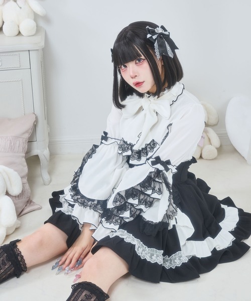 DearMyLove（ディアマイラブ）の「カシュクールフリルたっぷりリボンミニスカート（スカート・レディース・ブラック×ピンク/ベビーピンク/ブルーグレー/ブラック×ホワイト・MEDIUM/SMALL/3L/LL/LARGE）」の12枚目の写真