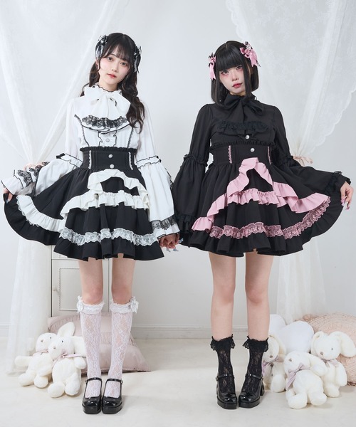 DearMyLove（ディアマイラブ）の「カシュクールフリルたっぷりリボンミニスカート（スカート・レディース・ブラック×ピンク/ベビーピンク/ブルーグレー/ブラック×ホワイト・MEDIUM/SMALL/3L/LL/LARGE）」の15枚目の写真