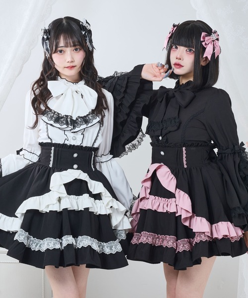DearMyLove（ディアマイラブ）の「カシュクールフリルたっぷりリボンミニスカート（スカート・レディース・ブラック×ピンク/ベビーピンク/ブルーグレー/ブラック×ホワイト・MEDIUM/SMALL/3L/LL/LARGE）」の16枚目の写真