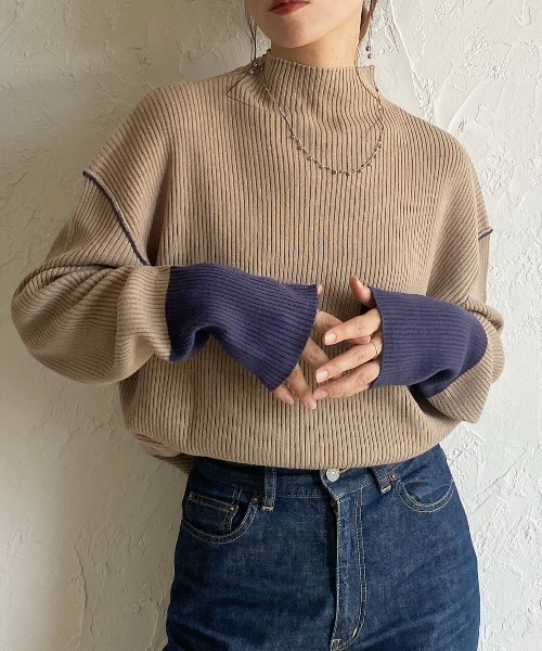 She's Closet(シーズクローゼット)の「長袖配色バイカラー切り替えハイネックリブニットトップス(ニット/セーター・レディース・ブルー/ベージュ/ブラック/アイボリー・FREE)」の4枚目の写真