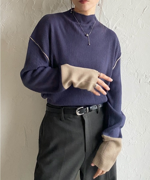 She's Closet(シーズクローゼット)の「長袖配色バイカラー切り替えハイネックリブニットトップス(ニット/セーター・レディース・ブルー/ベージュ/ブラック/アイボリー・FREE)」の1枚目の写真