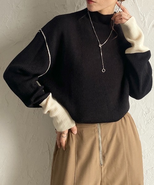She's Closet(シーズクローゼット)の「長袖配色バイカラー切り替えハイネックリブニットトップス(ニット/セーター・レディース・ブルー/ベージュ/ブラック/アイボリー・FREE)」の3枚目の写真