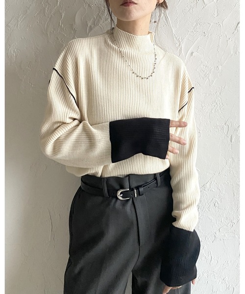 She's Closet(シーズクローゼット)の「長袖配色バイカラー切り替えハイネックリブニットトップス(ニット/セーター・レディース・ブルー/ベージュ/ブラック/アイボリー・FREE)」の21枚目の写真