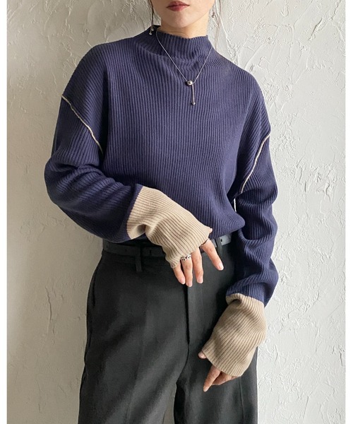 セール】長袖配色バイカラー切り替えハイネックリブニットトップス