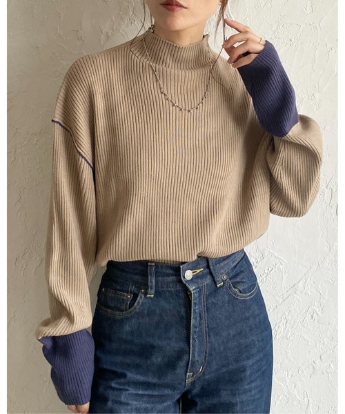 She's Closet(シーズクローゼット)の「長袖配色バイカラー切り替えハイネックリブニットトップス(ニット/セーター・レディース・ブルー/ベージュ/ブラック/アイボリー・FREE)」の11枚目の写真