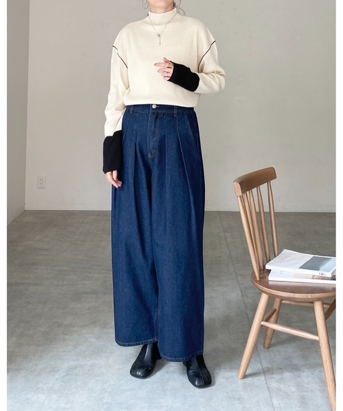 セール】長袖配色バイカラー切り替えハイネックリブニットトップス