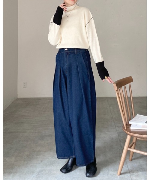 She's Closet(シーズクローゼット)の「長袖配色バイカラー切り替えハイネックリブニットトップス(ニット/セーター・レディース・ブルー/ベージュ/ブラック/アイボリー・FREE)」の15枚目の写真
