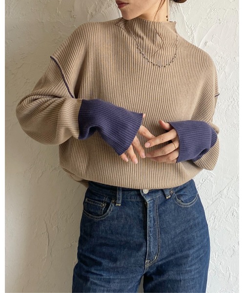 セール】長袖配色バイカラー切り替えハイネックリブニットトップス