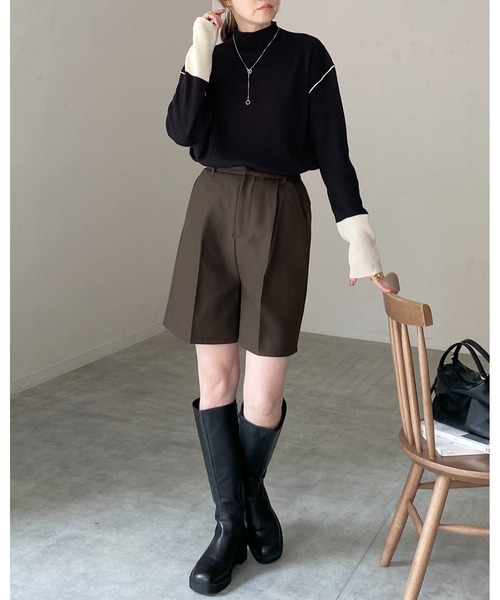 セール】長袖配色バイカラー切り替えハイネックリブニットトップス