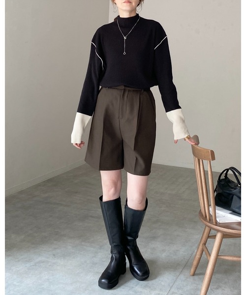 セール】長袖配色バイカラー切り替えハイネックリブニットトップス