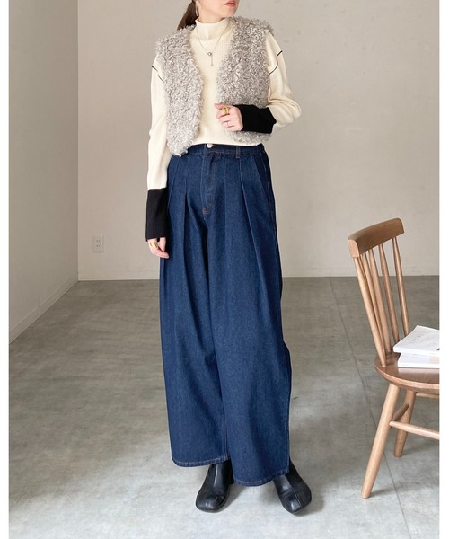 セール】長袖配色バイカラー切り替えハイネックリブニットトップス