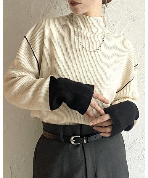 She's Closet(シーズクローゼット)の「長袖配色バイカラー切り替えハイネックリブニットトップス(ニット/セーター・レディース・ブルー/ベージュ/ブラック/アイボリー・FREE)」の8枚目の写真