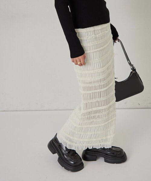 WHO'S WHO gallery（フーズフーギャラリー）の「スタンドフリルナロースカート（スカート・レディース・アイボリー/ブラック・FREE）」の5枚目の写真