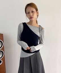 【セットアイテム】ワン オフショルダー ストラップ リボン アシメ ロングスリーブ Tシャツ