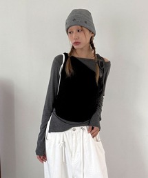 【セットアイテム】ワン オフショルダー ストラップ リボン アシメ ロングスリーブ Tシャツ