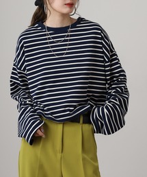 OMNES（オムネス）の「ミニ裏毛ボーダーオープンスリーブプルオーバーTシャツ（Tシャツ/カットソー）」