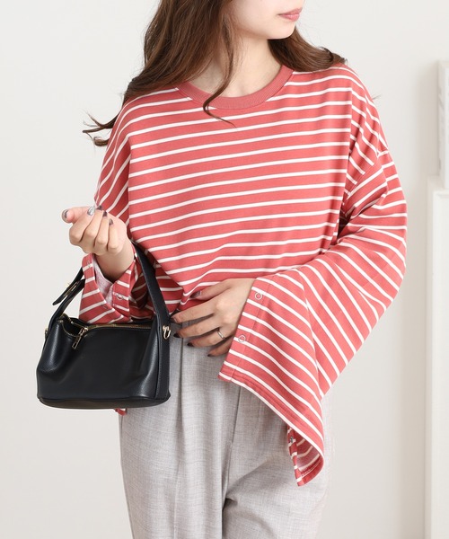 OMNES（オムネス）の「ミニ裏毛ボーダーオープンスリーブプルオーバーTシャツ（Tシャツ/カットソー・レディース・ネイビー/ピンク/グリーン・FREE）」の3枚目の写真