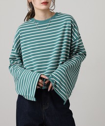 ミニ裏毛ボーダーオープンスリーブプルオーバーTシャツ
